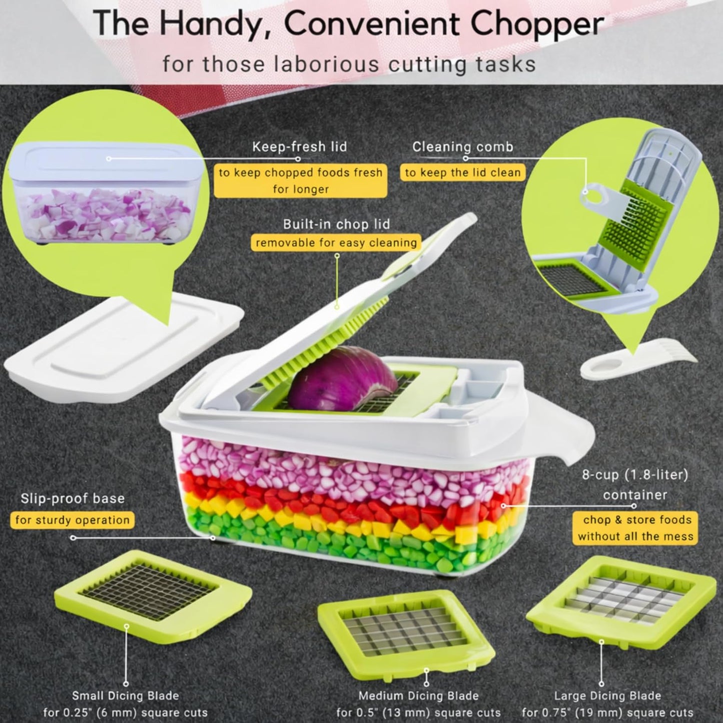 QuickPush Manual Vegetable Chopper: 8-Cup Push-Down Onion Dicer & Food Chopper, 3 German Steel Blades, BPA-Free Container with Keep-Fresh Lid and Cleaning Comb - Manual, Dishwasher Safe