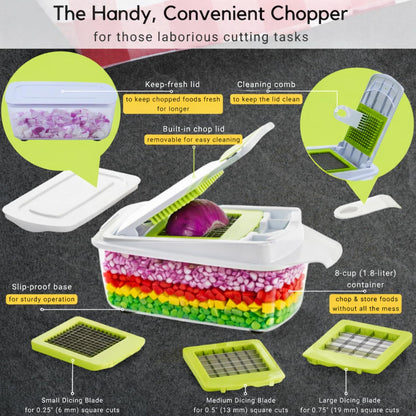 QuickPush Manual Vegetable Chopper: 8-Cup Push-Down Onion Dicer & Food Chopper, 3 German Steel Blades, BPA-Free Container with Keep-Fresh Lid and Cleaning Comb - Manual, Dishwasher Safe