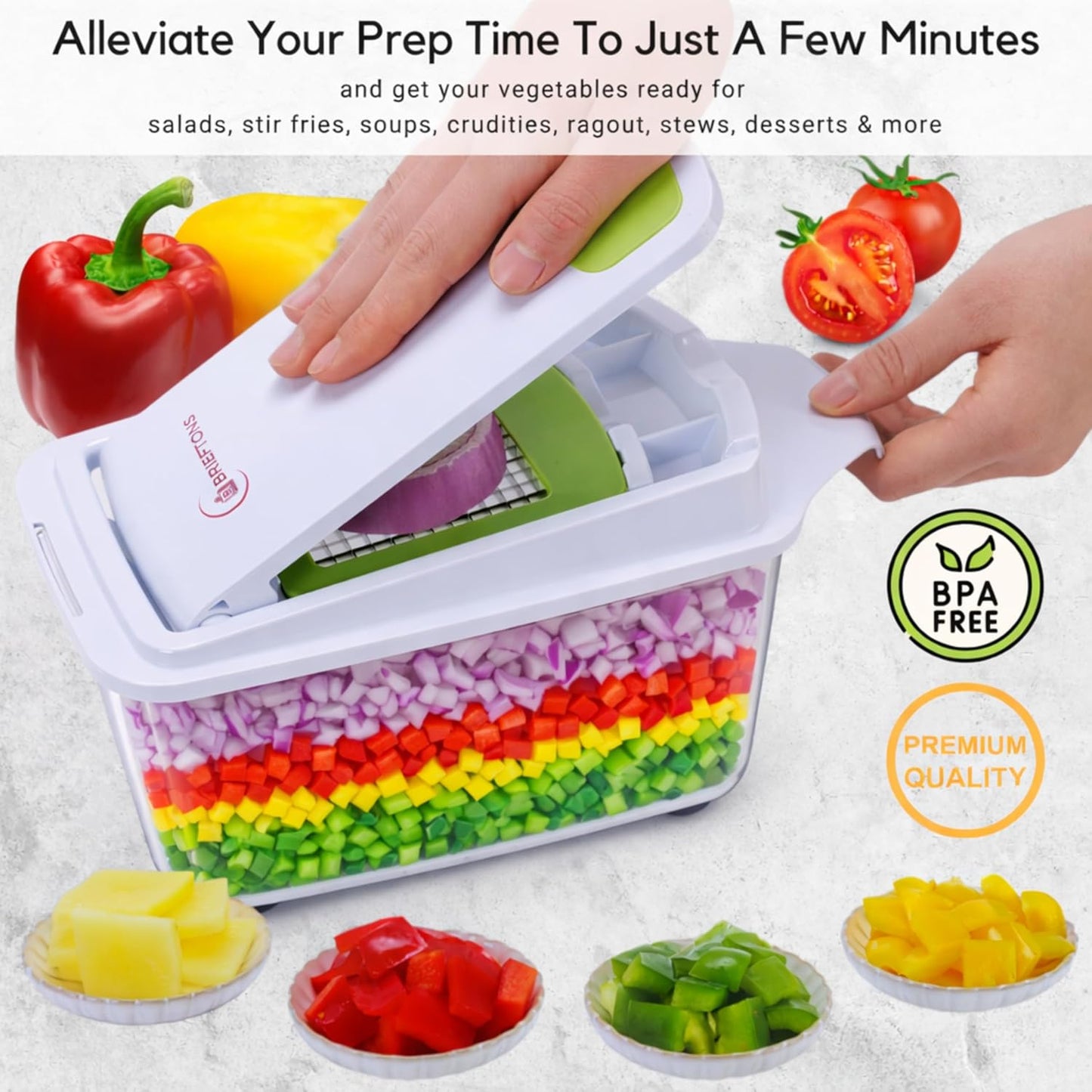 QuickPush Manual Vegetable Chopper: 8-Cup Push-Down Onion Dicer & Food Chopper, 3 German Steel Blades, BPA-Free Container with Keep-Fresh Lid and Cleaning Comb - Manual, Dishwasher Safe