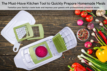 QuickPush Manual Vegetable Chopper: 8-Cup Push-Down Onion Dicer & Food Chopper, 3 German Steel Blades, BPA-Free Container with Keep-Fresh Lid and Cleaning Comb - Manual, Dishwasher Safe