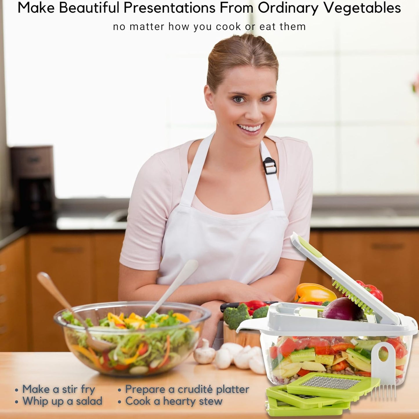 QuickPush Manual Vegetable Chopper: 8-Cup Push-Down Onion Dicer & Food Chopper, 3 German Steel Blades, BPA-Free Container with Keep-Fresh Lid and Cleaning Comb - Manual, Dishwasher Safe