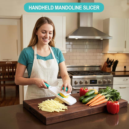 Handheld Mandoline Slicer for Kitchen – Stainless Steel Vegetable Slicer with 3 Interchangeable Blades, Safety Food Holder, Potato, Cucumber & Carrot Cutter