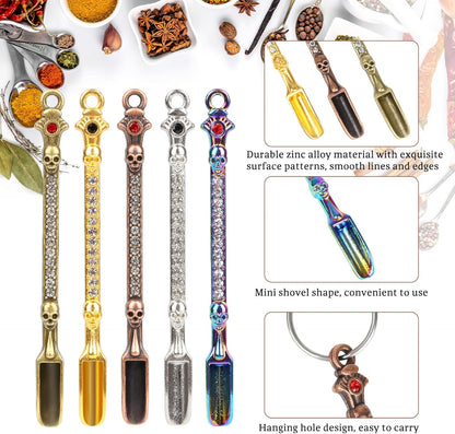 50 Pcs Mini Shovel Spoons with Plastic Box,Skull Rhinestone Tiny Spoons Keychains Necklace Set, Multicolor Metal Small Spoon for Measuring Pices,Herbs,Powder,Coffee,Sugar,Powder