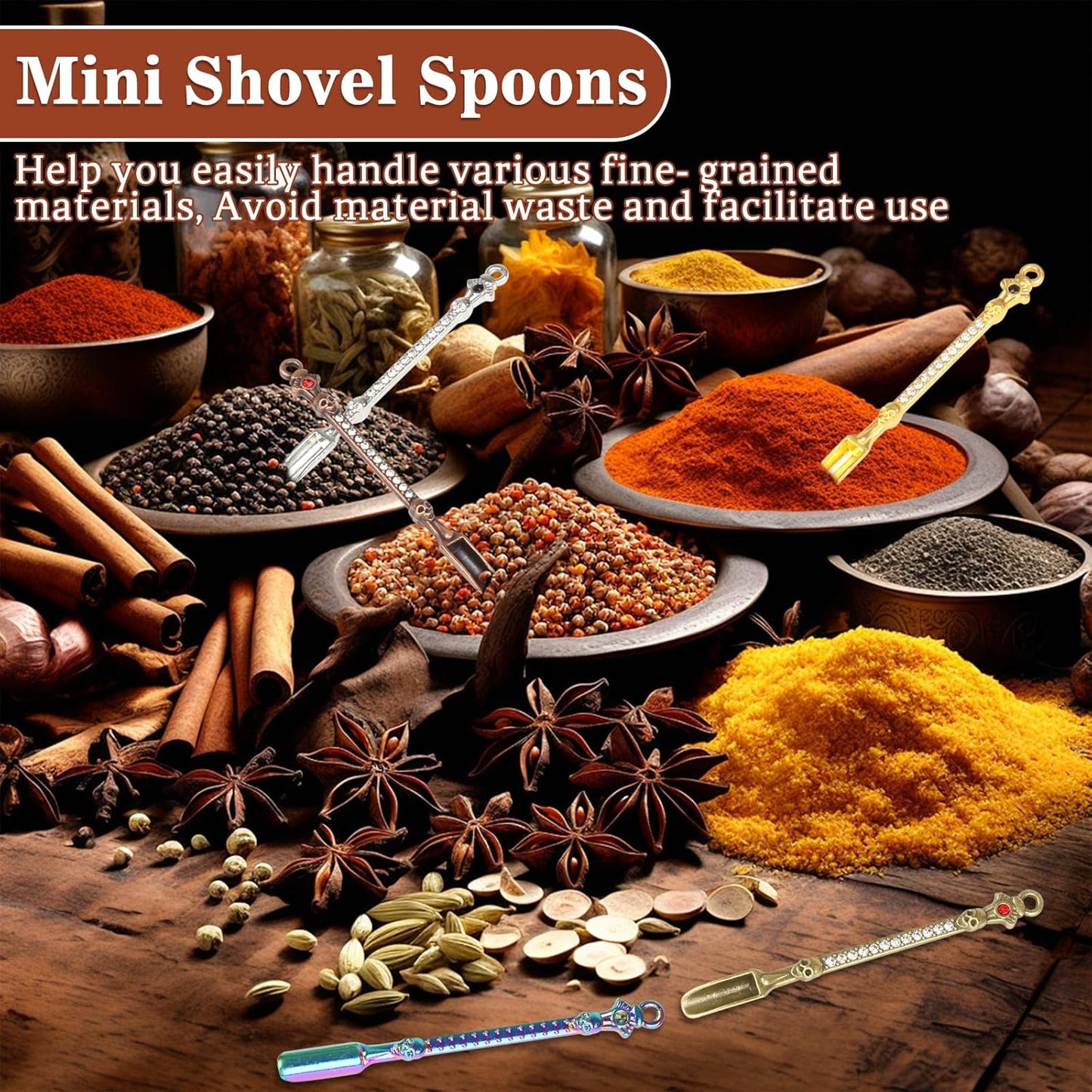 50 Pcs Mini Shovel Spoons with Plastic Box,Skull Rhinestone Tiny Spoons Keychains Necklace Set, Multicolor Metal Small Spoon for Measuring Pices,Herbs,Powder,Coffee,Sugar,Powder