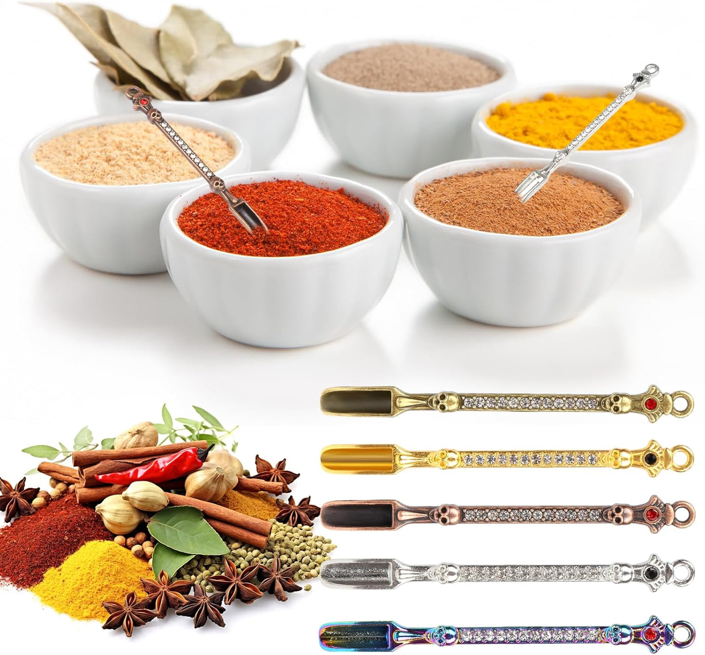 50 Pcs Mini Shovel Spoons with Plastic Box,Skull Rhinestone Tiny Spoons Keychains Necklace Set, Multicolor Metal Small Spoon for Measuring Pices,Herbs,Powder,Coffee,Sugar,Powder