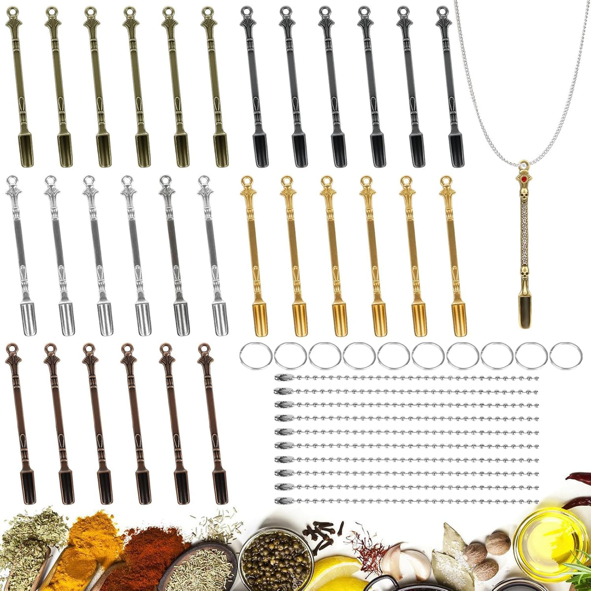 50 Pcs Mini Shovel Spoons with Plastic Box,Skull Rhinestone Tiny Spoons Keychains Necklace Set, Multicolor Metal Small Spoon for Measuring Pices,Herbs,Powder,Coffee,Sugar,Powder
