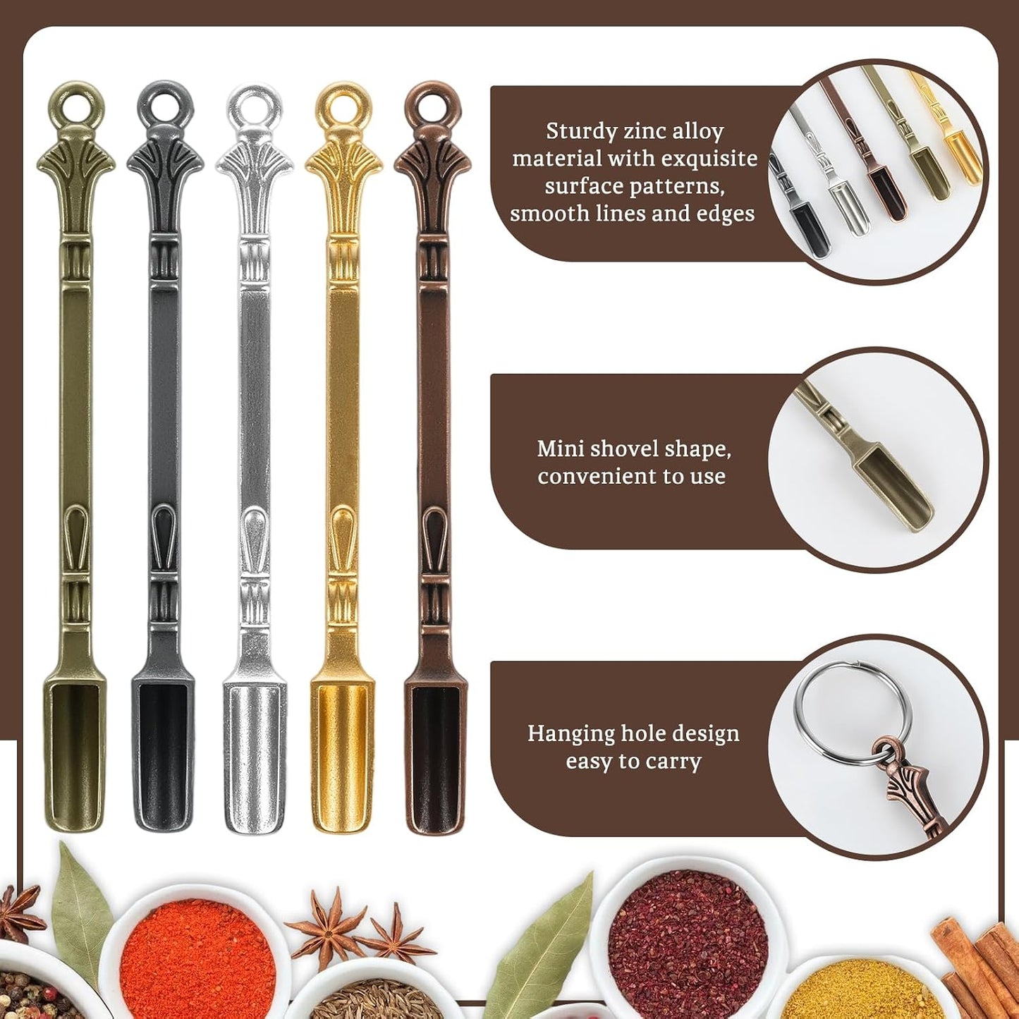 50 Pcs Mini Shovel Spoons with Plastic Box,Skull Rhinestone Tiny Spoons Keychains Necklace Set, Multicolor Metal Small Spoon for Measuring Pices,Herbs,Powder,Coffee,Sugar,Powder