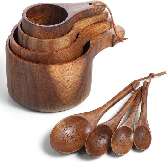 8 Pcs Wooden Measuring Cups And Spoons Set | Solid Acacia Wood, Laser Engraved Measurements, Nesting Design, Kitchen Accessories for Dry Ingredients, Baking and Cooking
