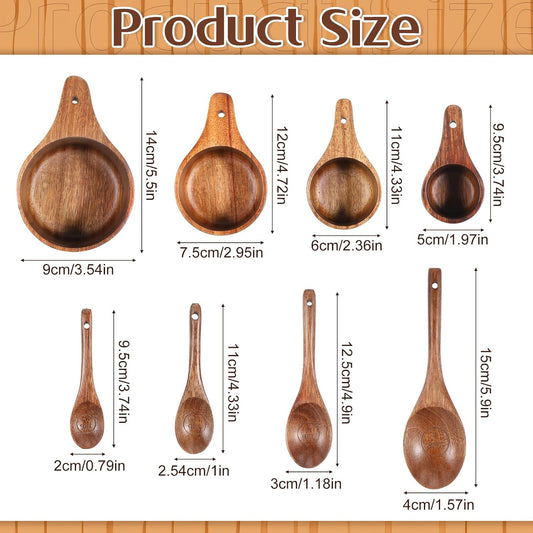 8 Pcs Wooden Measuring Cups And Spoons Set | Solid Acacia Wood, Laser Engraved Measurements, Nesting Design, Kitchen Accessories for Dry Ingredients, Baking and Cooking