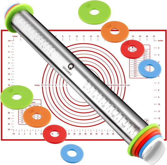Stainless Steel Rolling Pin & Baking Mat Set with Adjustable Thickness Ring | 17in Non-Stick Metal Dough Roller with Red Keading Mat. Home Baking Essential Tools for Fondant Pizza Pie Pastry Pasta Cookie