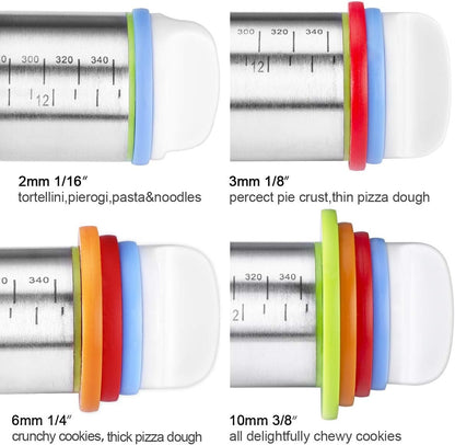 Stainless Steel Rolling Pin & Baking Mat Set with Adjustable Thickness Ring | 17in Non-Stick Metal Dough Roller with Red Keading Mat. Home Baking Essential Tools for Fondant Pizza Pie Pastry Pasta Cookie