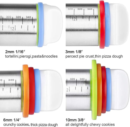 Stainless Steel Rolling Pin & Baking Mat Set with Adjustable Thickness Ring | 17in Non-Stick Metal Dough Roller with Red Keading Mat. Home Baking Essential Tools for Fondant Pizza Pie Pastry Pasta Cookie