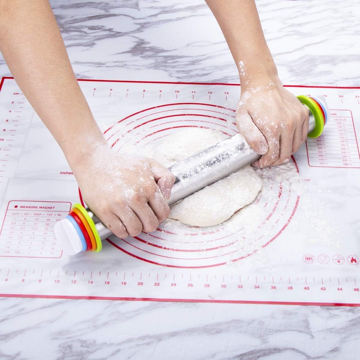 Stainless Steel Rolling Pin & Baking Mat Set with Adjustable Thickness Ring | 17in Non-Stick Metal Dough Roller with Red Keading Mat. Home Baking Essential Tools for Fondant Pizza Pie Pastry Pasta Cookie
