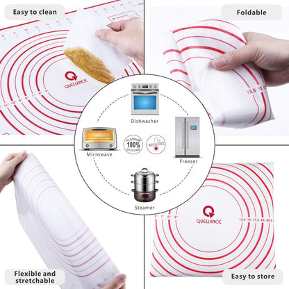 Stainless Steel Rolling Pin & Baking Mat Set with Adjustable Thickness Ring | 17in Non-Stick Metal Dough Roller with Red Keading Mat. Home Baking Essential Tools for Fondant Pizza Pie Pastry Pasta Cookie