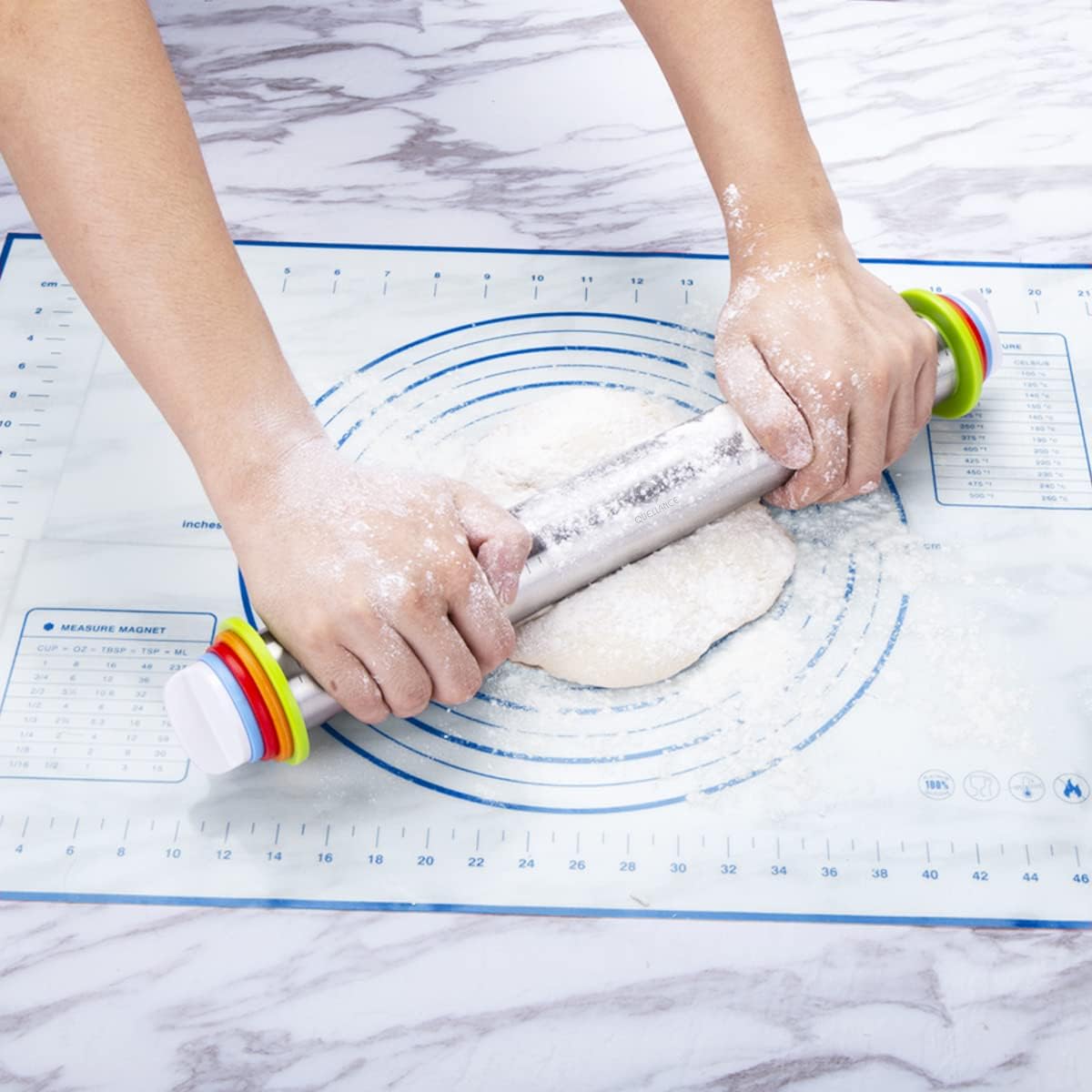 Stainless Steel Rolling Pin & Baking Mat Set with Adjustable Thickness Ring | 17in Non-Stick Metal Dough Roller with Red Keading Mat. Home Baking Essential Tools for Fondant Pizza Pie Pastry Pasta Cookie