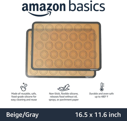 Silicone Rectangular Baking Mat, Non-Stick, Reusable, Dishwasher Safe, Food Safe, Heat Resistant, 16.5" x 11.6", Beige/Gray, 2-Pack
