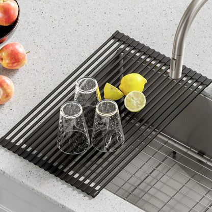 Multipurpose Over-Sink Roll-Up Dish Drying Rack, Colander and Trivet in Dark Grey, KRM-10DG
