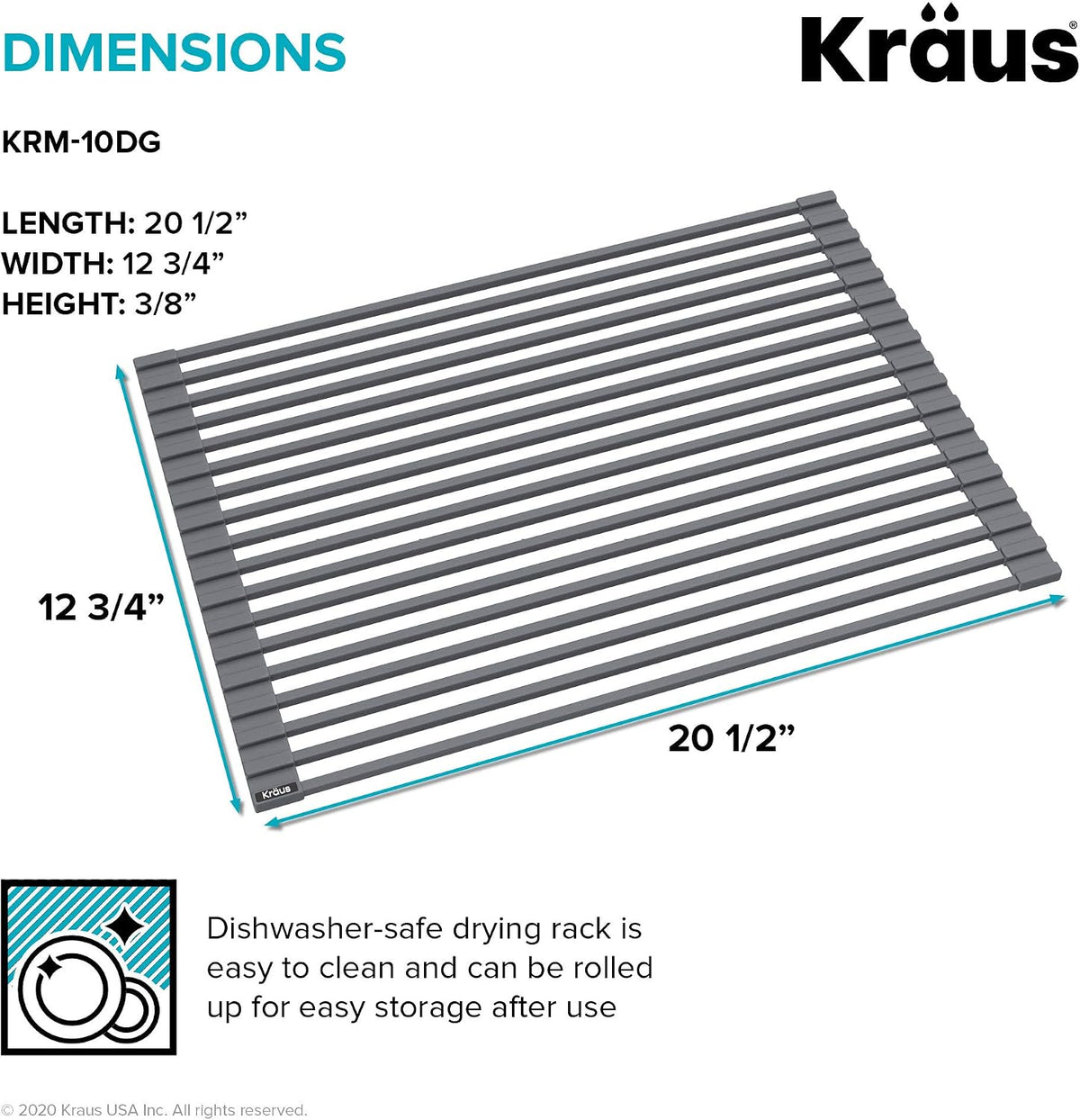 Multipurpose Over-Sink Roll-Up Dish Drying Rack, Colander and Trivet in Dark Grey, KRM-10DG