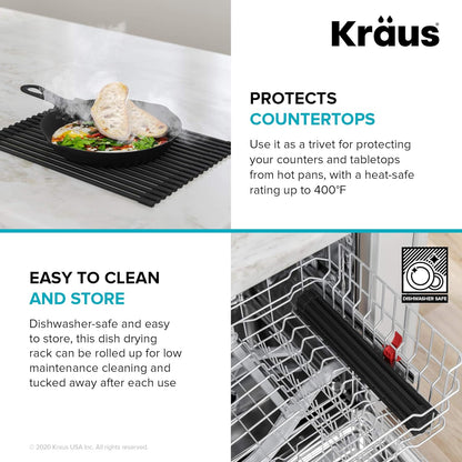 Multipurpose Over-Sink Roll-Up Dish Drying Rack, Colander and Trivet in Dark Grey, KRM-10DG