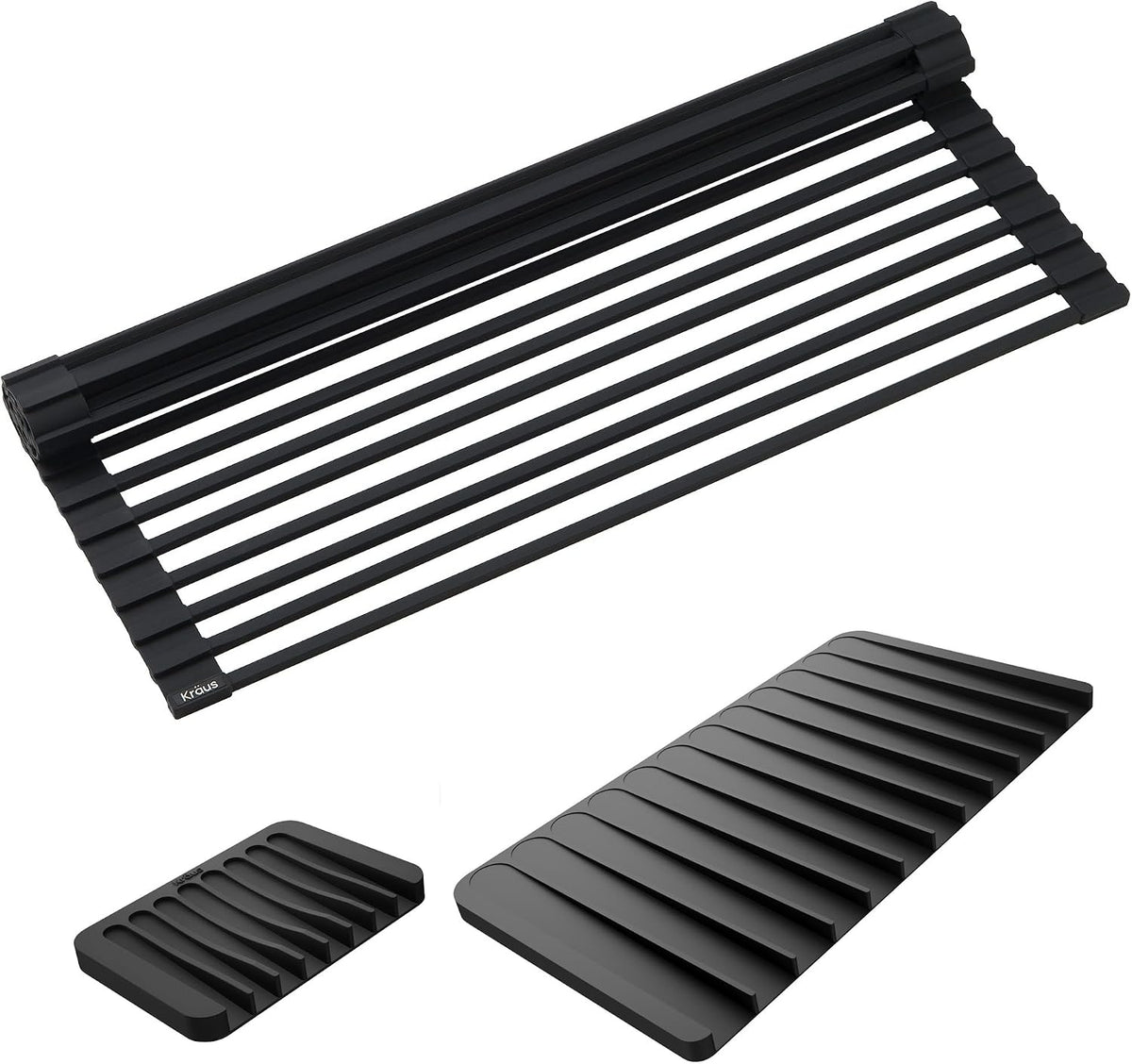 Multipurpose Over-Sink Roll-Up Dish Drying Rack, Colander and Trivet in Dark Grey, KRM-10DG
