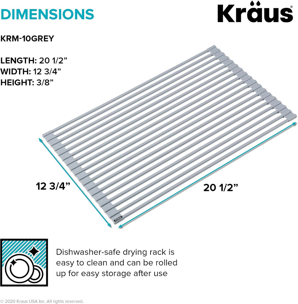 Multipurpose Over-Sink Roll-Up Dish Drying Rack, Colander and Trivet in Dark Grey, KRM-10DG