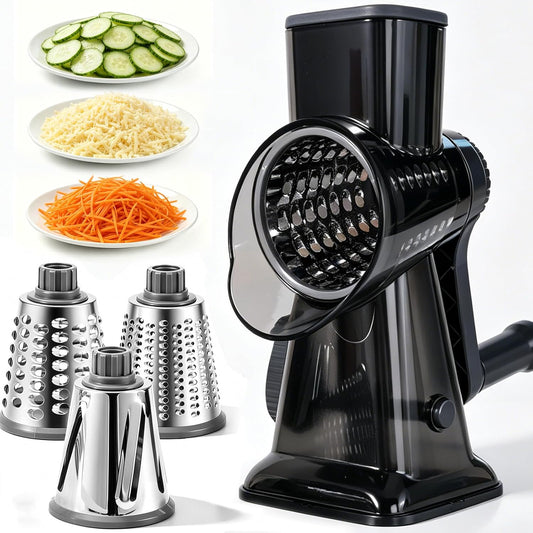 Rotary Cheese Grater Hand Crank, Shredder Slicer Grinder, 3 Large Diameter Metal Blades & Cleaning Brush, Non-slip Suction Base, Labor-Saving Handle, Kitchen Gadgets for Cheese, Vegetable, Nuts