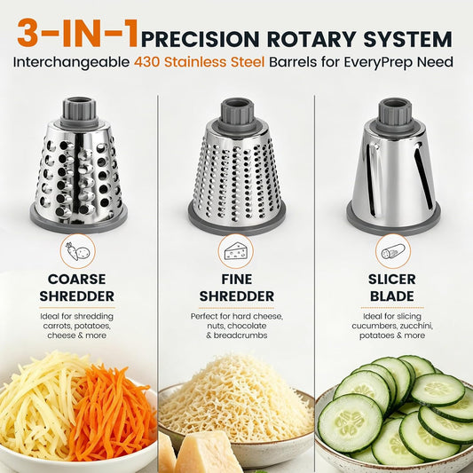 Rotary Cheese Grater Hand Crank, Shredder Slicer Grinder, 3 Large Diameter Metal Blades & Cleaning Brush, Non-slip Suction Base, Labor-Saving Handle, Kitchen Gadgets for Cheese, Vegetable, Nuts