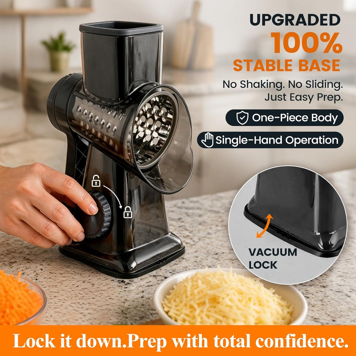 Rotary Cheese Grater Hand Crank, Shredder Slicer Grinder, 3 Large Diameter Metal Blades & Cleaning Brush, Non-slip Suction Base, Labor-Saving Handle, Kitchen Gadgets for Cheese, Vegetable, Nuts