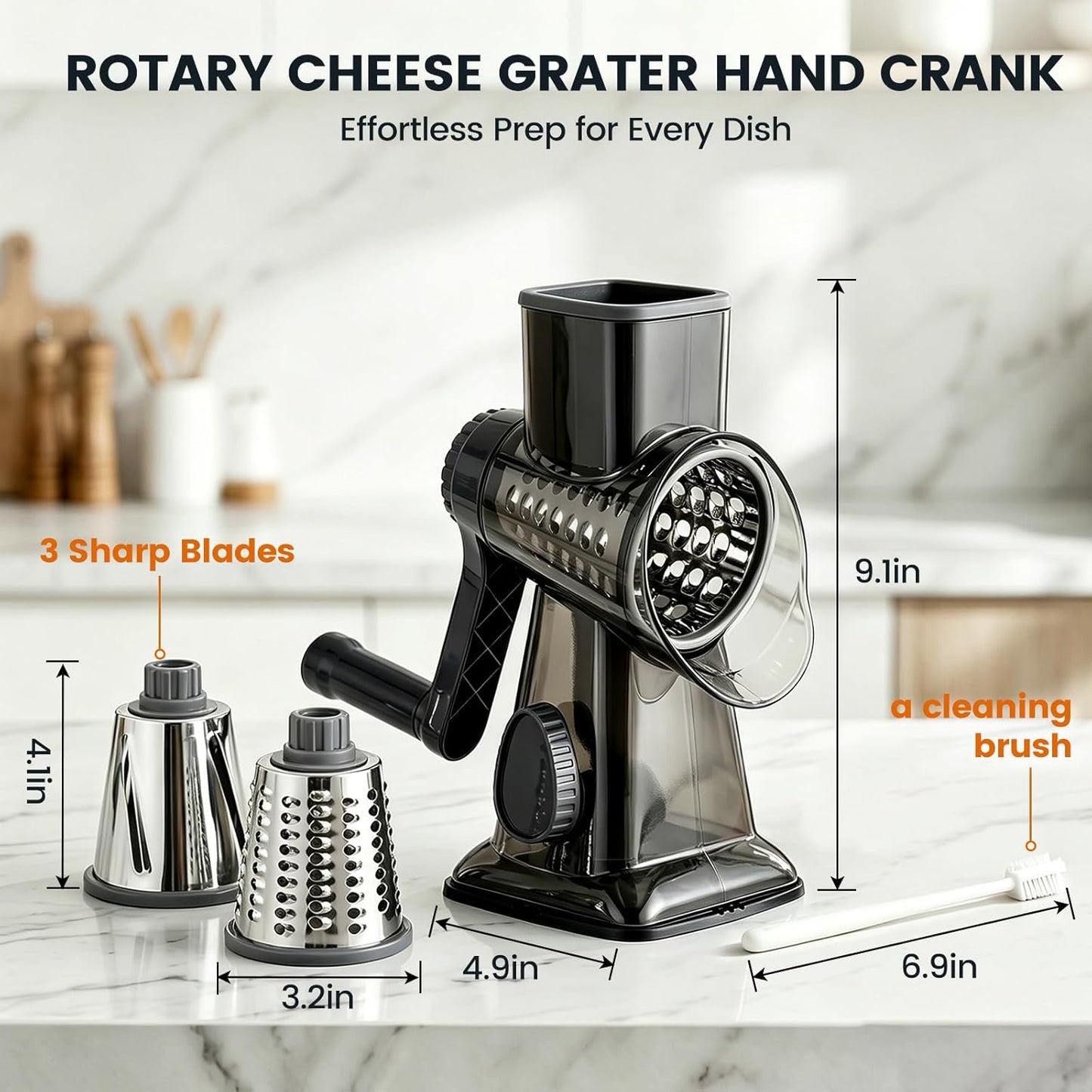 Rotary Cheese Grater Hand Crank, Shredder Slicer Grinder, 3 Large Diameter Metal Blades & Cleaning Brush, Non-slip Suction Base, Labor-Saving Handle, Kitchen Gadgets for Cheese, Vegetable, Nuts
