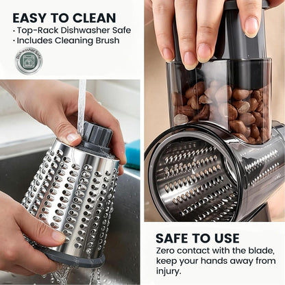 Rotary Cheese Grater Hand Crank, Shredder Slicer Grinder, 3 Large Diameter Metal Blades & Cleaning Brush, Non-slip Suction Base, Labor-Saving Handle, Kitchen Gadgets for Cheese, Vegetable, Nuts