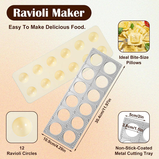 5 Pcs Ravioli Mold Set, 2 Inch Squares Raviolis Maker Press & 3 Pasta Cutter Stamp Makers & 1 Wood Rolling Pin, Pasta Making Tool Kit for Home Kitchen Restaurant Supplies
