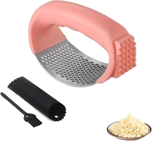 Stainless Steel Garlic Press,2026 New Upgraded Garlic Press Rocker,Garlic Crusher with Peeler and Cleaning Brush, Garlic Chopper for Crush Garlic Kitchen Gadgets. (Pink)