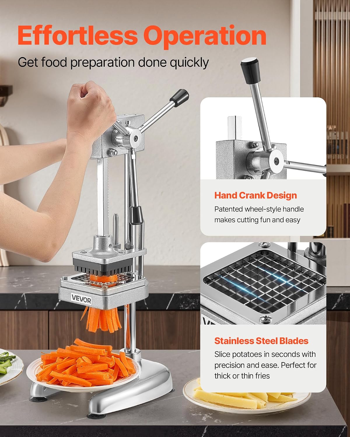Commercial French Fry Cutter, Stainless Steel Vegetable Fruit Chopper with 3 Replacement Blades 1/2-Inch 3/8-Inch 1/4-Inch, Manual Potato Slicer Dicer for Restaurants & Home Kitchen
