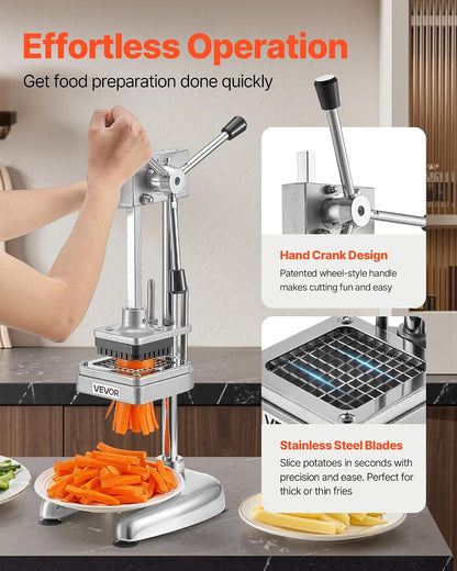 Commercial French Fry Cutter, Stainless Steel Vegetable Fruit Chopper with 3 Replacement Blades 1/2-Inch 3/8-Inch 1/4-Inch, Manual Potato Slicer Dicer for Restaurants & Home Kitchen