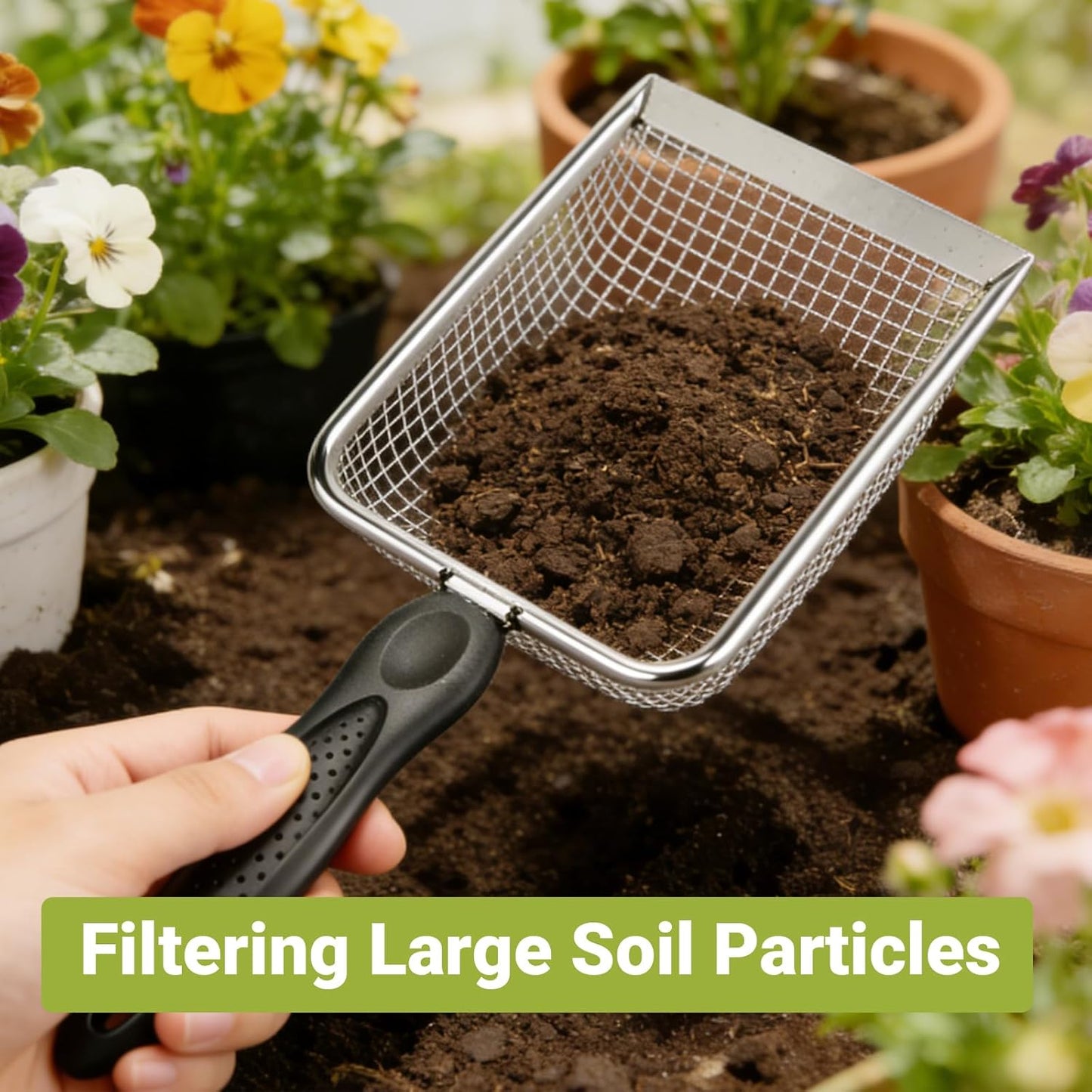 2 Pcs Gardening Soil Sifter, Handheld Shovel, Garden Sieve with Handle | 3.8mm and 5mm Mesh, Portable, For Sand Soil Dirt Compost, 2 Set