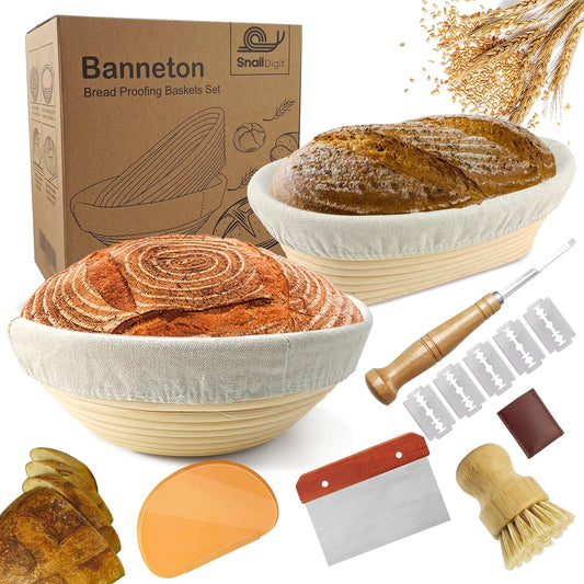Sourdough Bread Baking Supplies: 9 Inch Round & 10 Inch Oval Banneton Bread Proofing Baskets w/Liner, Bread Lame, Dough Scrapers, Cleaning Brush, Artisan Bread Making Gifts for Bakers