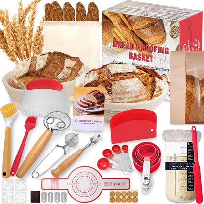 Sourdough Proofing Basket Gift Set, 9" Round and 10" Oval Banneton Bread Baking Supplies, Sourdough Baskets with Bread Lame, Danish Whish, Bowl Scraper, Sourdough Scraper, and Linen Liner