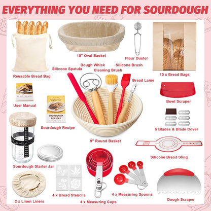 Sourdough Proofing Basket Gift Set, 9" Round and 10" Oval Banneton Bread Baking Supplies, Sourdough Baskets with Bread Lame, Danish Whish, Bowl Scraper, Sourdough Scraper, and Linen Liner