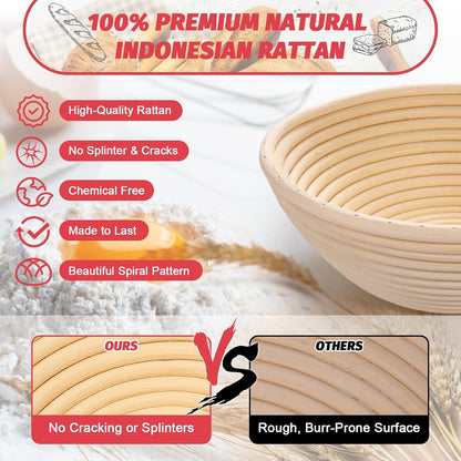 Sourdough Proofing Basket Gift Set, 9" Round and 10" Oval Banneton Bread Baking Supplies, Sourdough Baskets with Bread Lame, Danish Whish, Bowl Scraper, Sourdough Scraper, and Linen Liner
