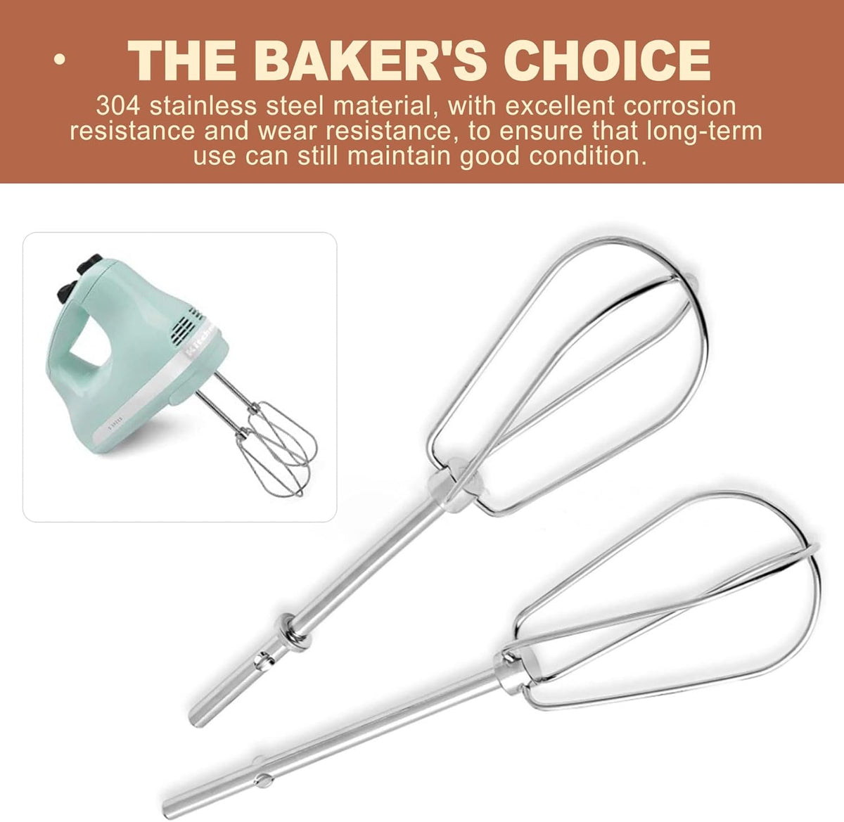 2 Pcs Stainless Steel Hand Mixer Beaters Replacement Attachments Universal Whisks for Baking Mixing Eggs Cream Dough Kitchen Electric Blender Parts Whipping Wire Rods Set