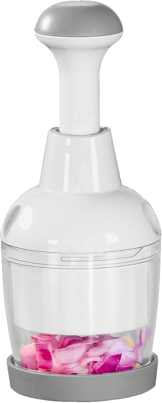 Food Chopper with Container, 360-Degree Blades, Dishwasher Safe, White | Onion & Vegetable Chopper,Handheld Garlic Nut Veggie Cutter,Clear Bowl for Easy Texture Checks,Smooth Push-Down Chopping