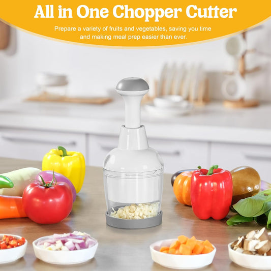 Food Chopper with Container, 360-Degree Blades, Dishwasher Safe, White | Onion & Vegetable Chopper,Handheld Garlic Nut Veggie Cutter,Clear Bowl for Easy Texture Checks,Smooth Push-Down Chopping