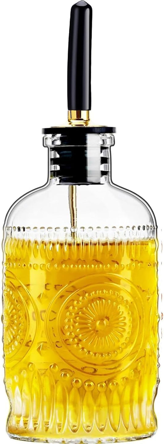 Glass Olive Oil Dispenser Bottle, Small 7oz, Metal Spout, 1 Pack | This small olive oil dispenser has embossed glass for grip and vintage kitchen style; its clear body shows when to refill