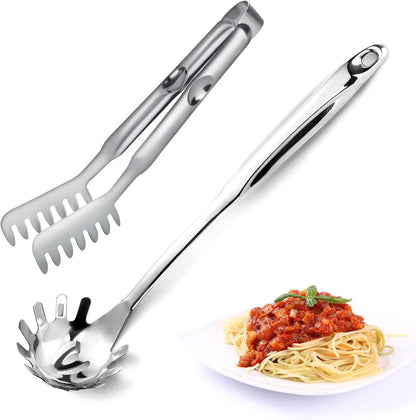 Spaghetti Spoon and Spaghetti Tong 2-Piece Set, 13-Inch Non-Stick Spaghetti Fork and 11.4-Inch Kitchen Tong, Easy Storage and Cleanup, Ergonomic Design, Stainless Steel
