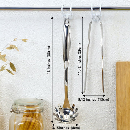 Spaghetti Spoon and Spaghetti Tong 2-Piece Set, 13-Inch Non-Stick Spaghetti Fork and 11.4-Inch Kitchen Tong, Easy Storage and Cleanup, Ergonomic Design, Stainless Steel