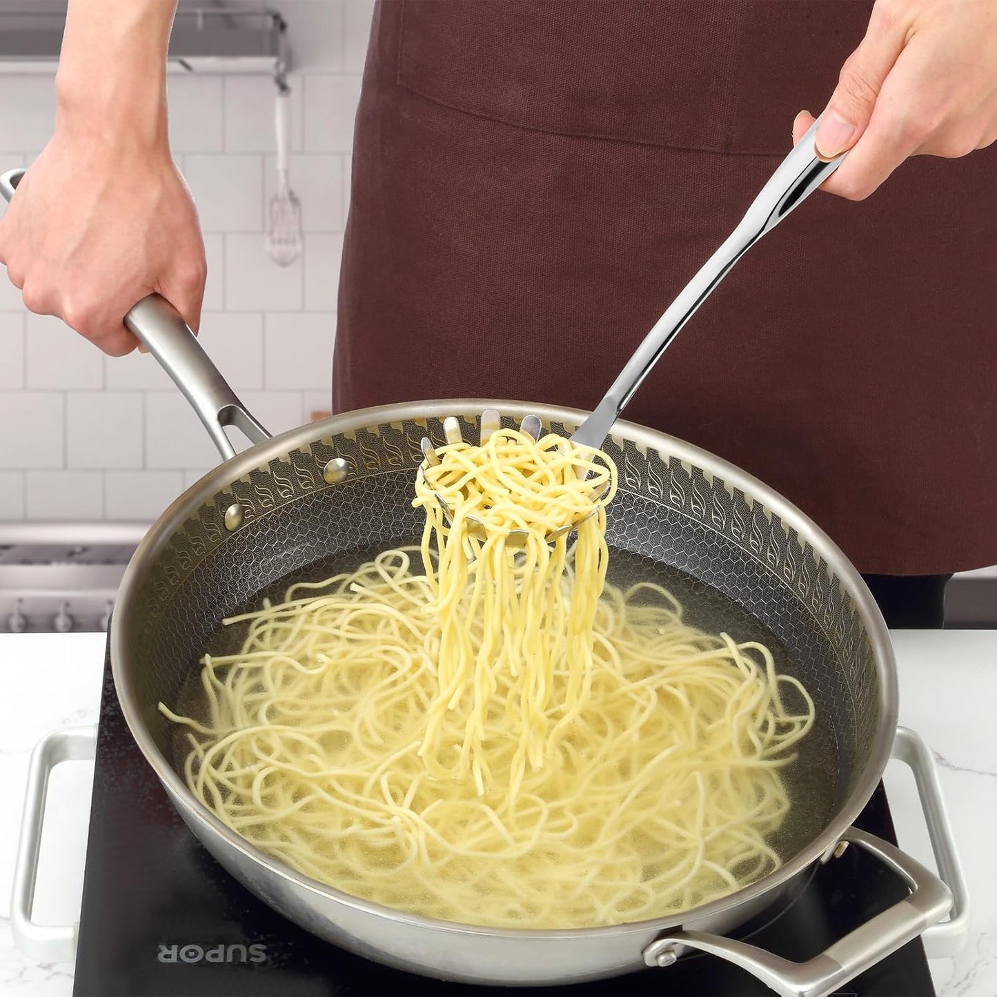 Spaghetti Spoon and Spaghetti Tong 2-Piece Set, 13-Inch Non-Stick Spaghetti Fork and 11.4-Inch Kitchen Tong, Easy Storage and Cleanup, Ergonomic Design, Stainless Steel