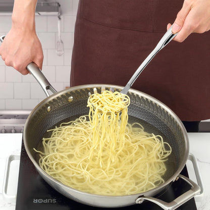 Spaghetti Spoon and Spaghetti Tong 2-Piece Set, 13-Inch Non-Stick Spaghetti Fork and 11.4-Inch Kitchen Tong, Easy Storage and Cleanup, Ergonomic Design, Stainless Steel