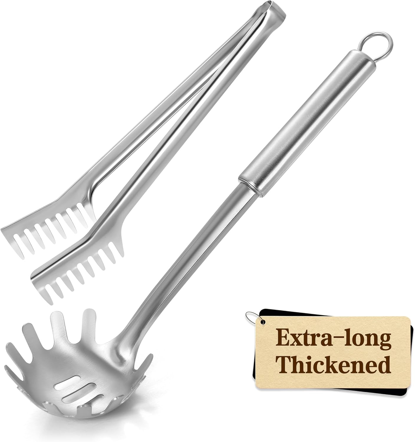 Spaghetti Spoon and Spaghetti Tong 2-Piece Set, 13-Inch Non-Stick Spaghetti Fork and 11.4-Inch Kitchen Tong, Easy Storage and Cleanup, Ergonomic Design, Stainless Steel