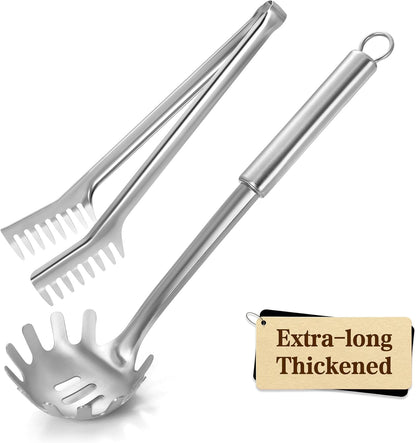 Spaghetti Spoon and Spaghetti Tong 2-Piece Set, 13-Inch Non-Stick Spaghetti Fork and 11.4-Inch Kitchen Tong, Easy Storage and Cleanup, Ergonomic Design, Stainless Steel