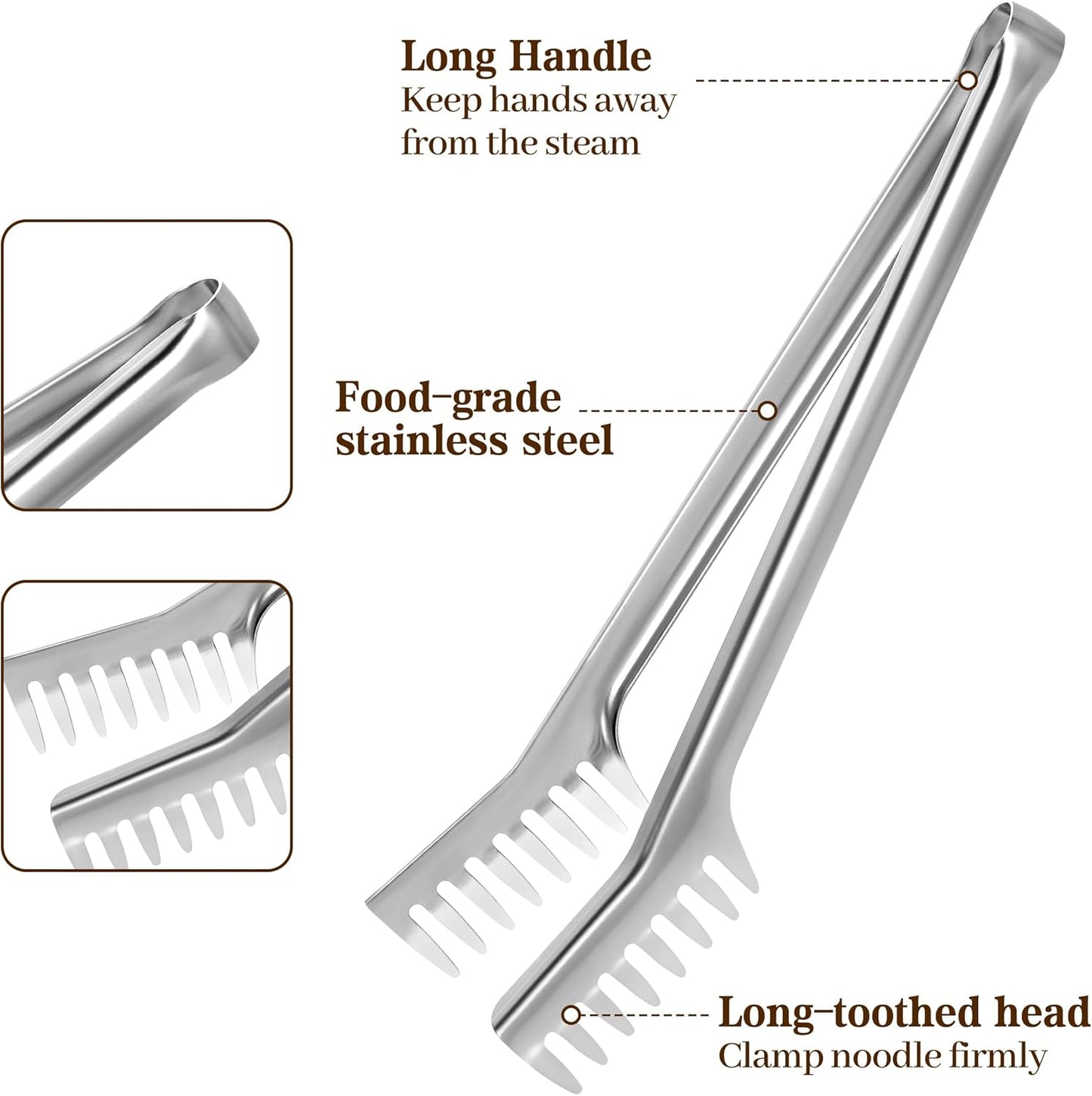 Spaghetti Spoon and Spaghetti Tong 2-Piece Set, 13-Inch Non-Stick Spaghetti Fork and 11.4-Inch Kitchen Tong, Easy Storage and Cleanup, Ergonomic Design, Stainless Steel